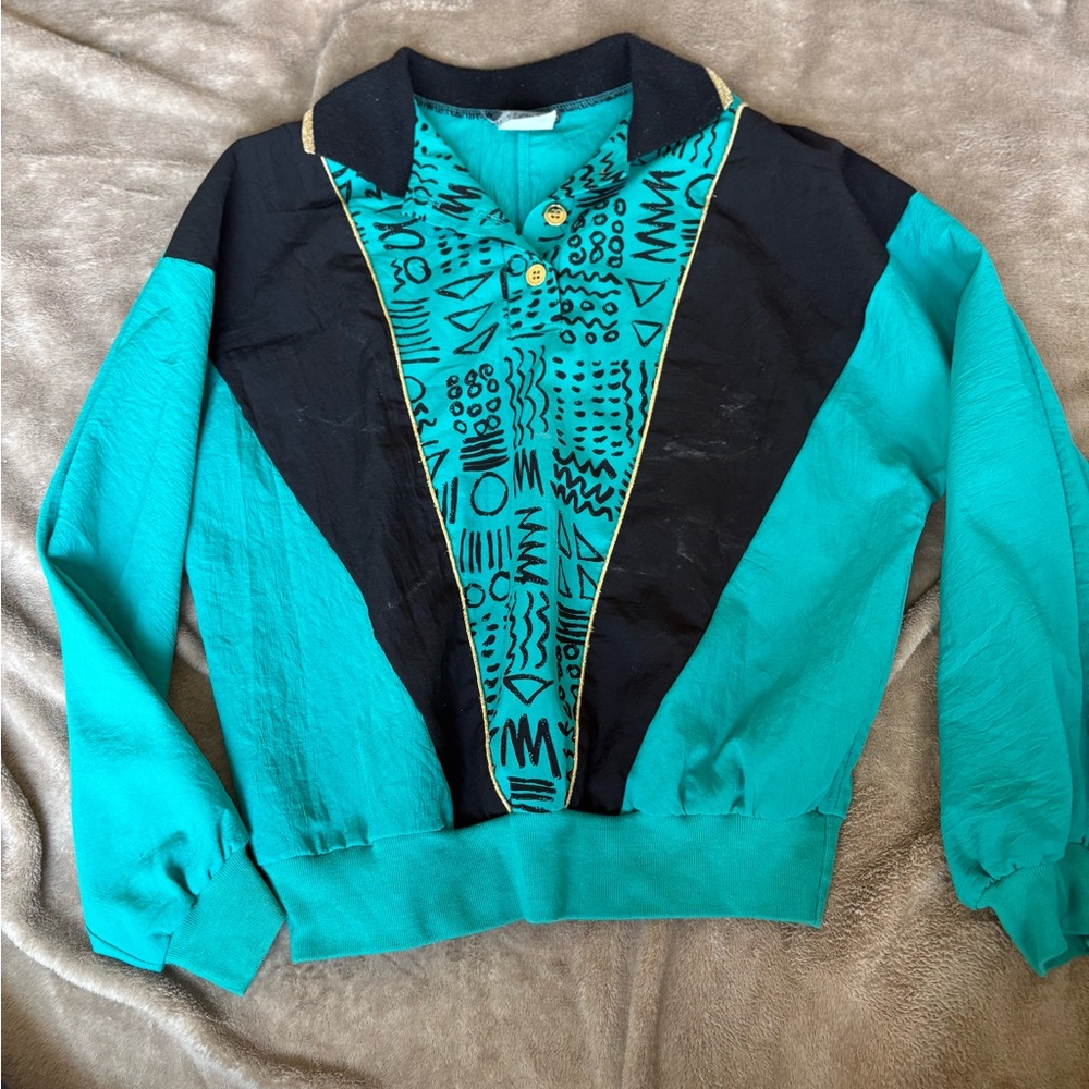 Vintage Southern Lady Teal and Black Patterned Top 80s